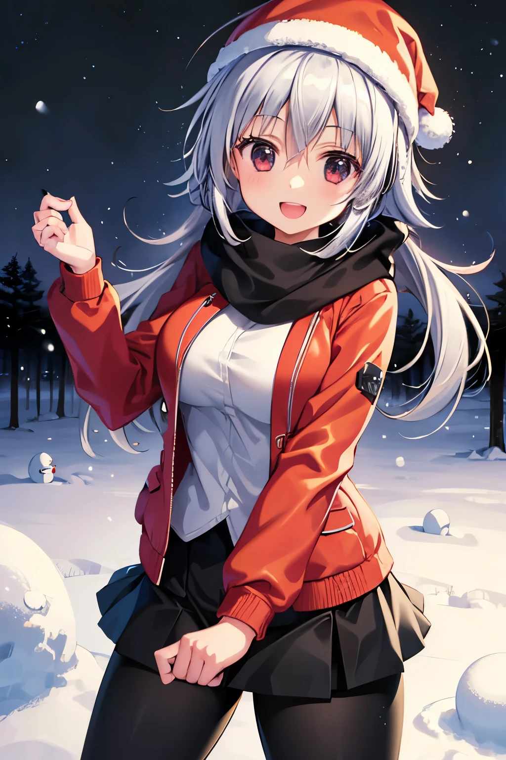 young girl, wearing one red scarf, yellow jacket, black pants, smiling, snow mans behind, in the snow, forest, nightfall, detailed, 4k, masterpuece
