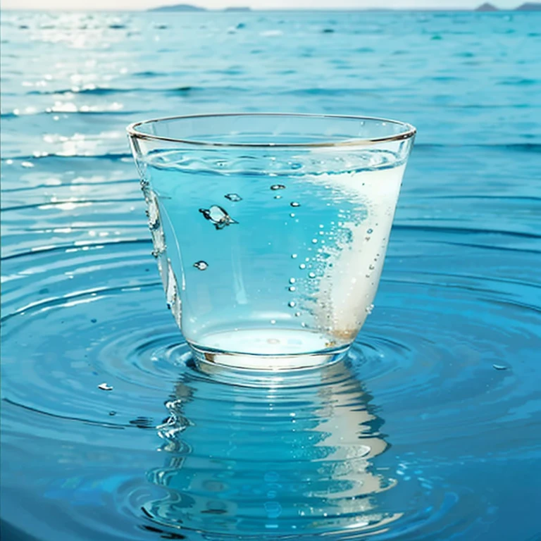 Calm sea,A cup floats on the sea,(Cup on the sea,The cup is transparent,The glass is half filled with water),The viewing angle is the same as sea level