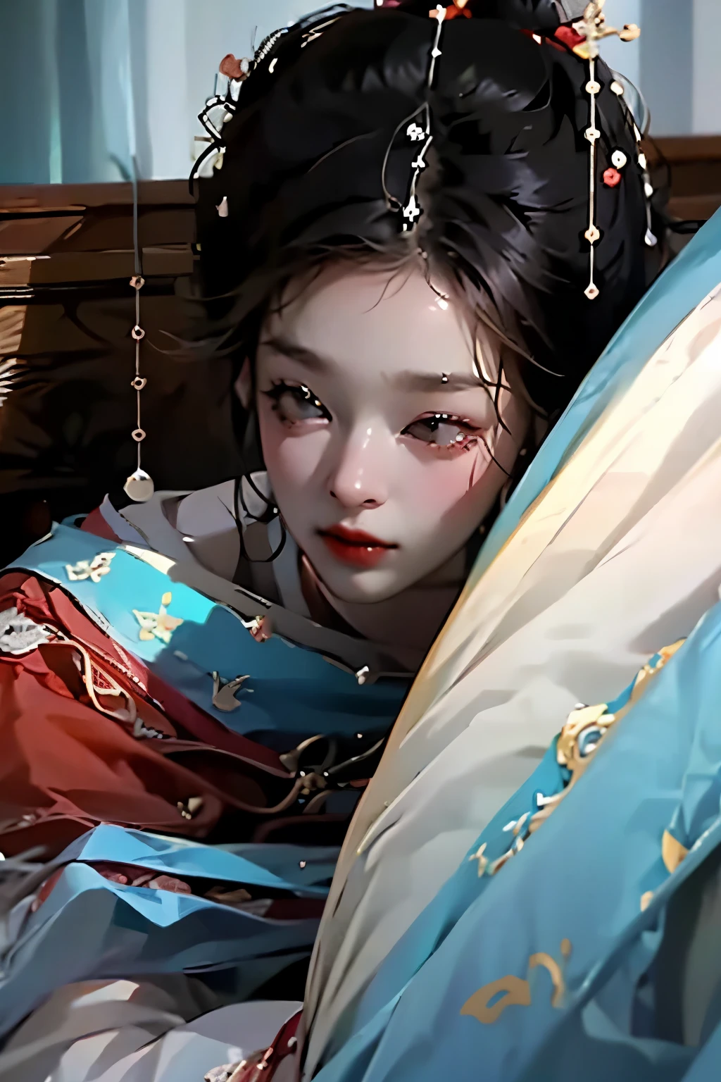 A girl, Lying on the sofa, Looks very interesting, Chinese animation style, Looks depressing, high quality, Super detailed, Crazy details, 4K
