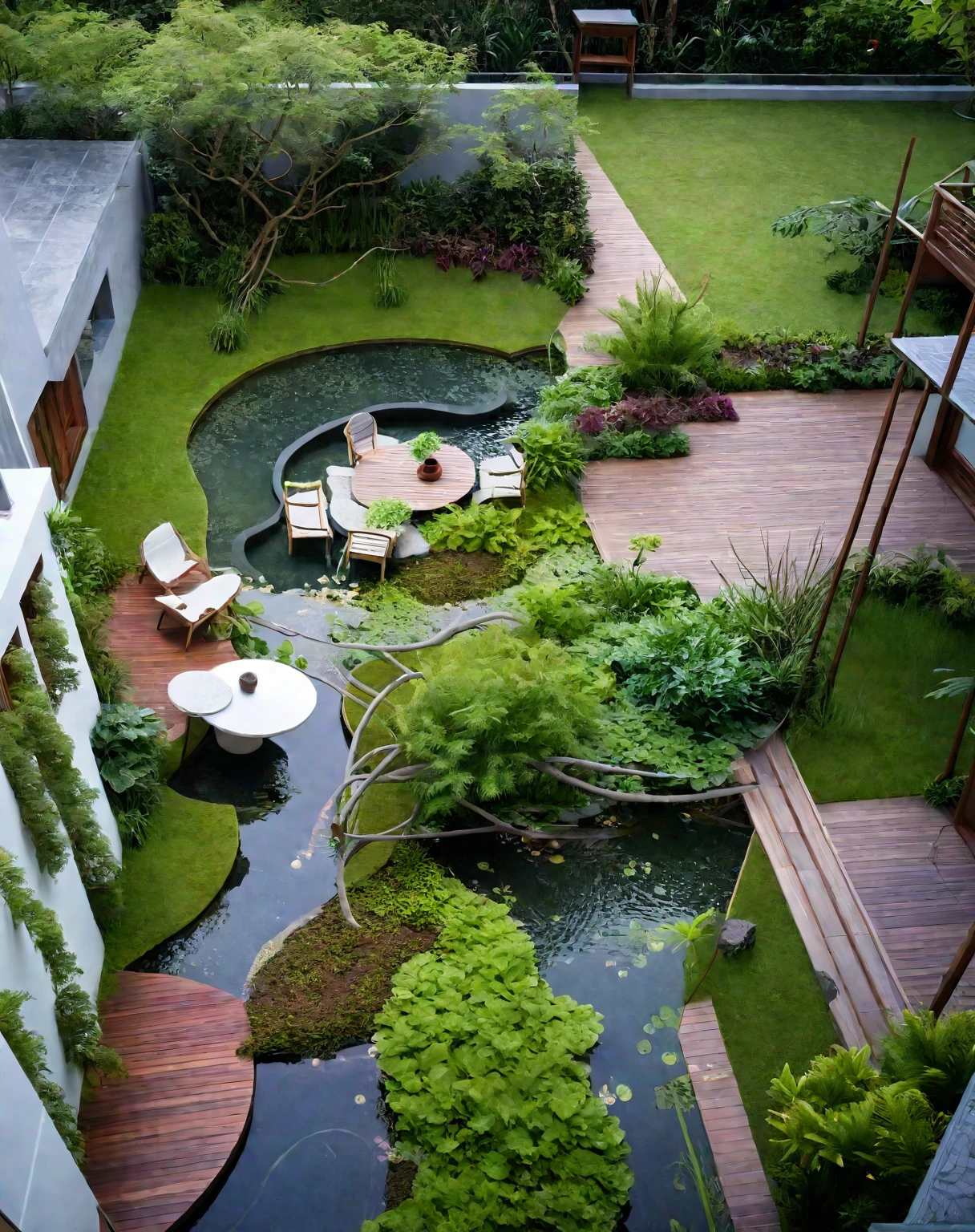 a view of a garden with a pond and a bench, with a fishpond and courtyard, outdoor design, garden environment, lush chic garden, green terrace, original and creative landscape, with a garden, lush plants and bonsai trees, beautiful terrace, peaceful environment, roof garden, plants and patio, wonderful masterpiece, garden landscape, beautiful aesthetic design, dense with greenery