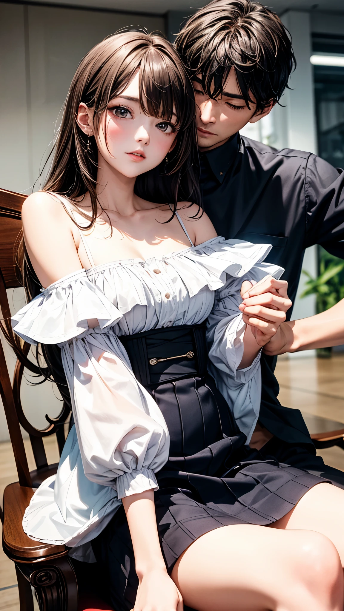 highest quality、4K quality、Man Sitting On A Chair、Woman in off-the-shoulder summer dress riding on man、a man puts his hand inside a woman&#39;s clothes、Woman hugs man