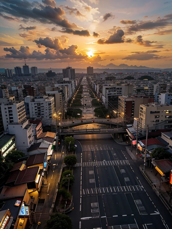 Uma cidade rica , japonesa no por do sol com predios altos 