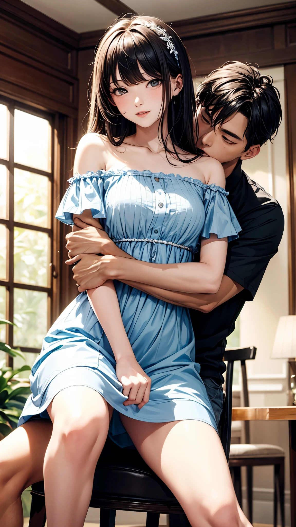 highest quality、4K quality、Man Sitting On A Chair、Woman in off-the-shoulder summer dress riding on man、a man puts his hand inside a woman's clothes、Woman hugs man、Sex