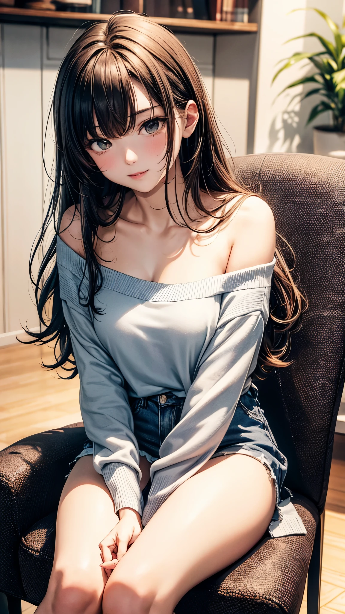 highest quality、4K quality、Man Sitting On A Chair、Girl in off-the-shoulder casual clothes riding on man、a man puts his hand inside a woman&#39;s clothes、Sex、The woman has bare legs