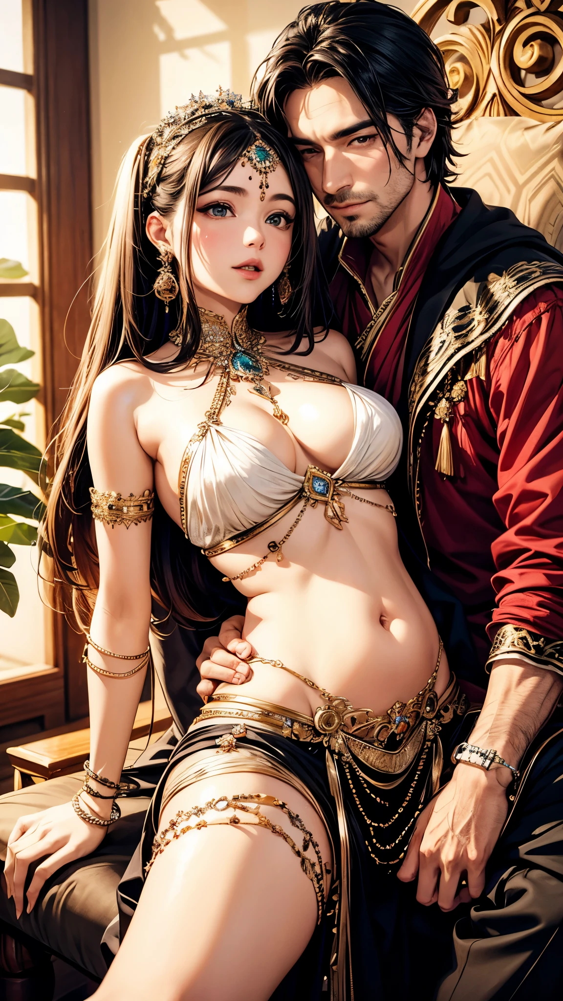 highest quality、4K quality、Man Sitting On A Chair、Woman in belly dance costume riding on man、a man puts his hand inside a woman's clothean hugs woman、