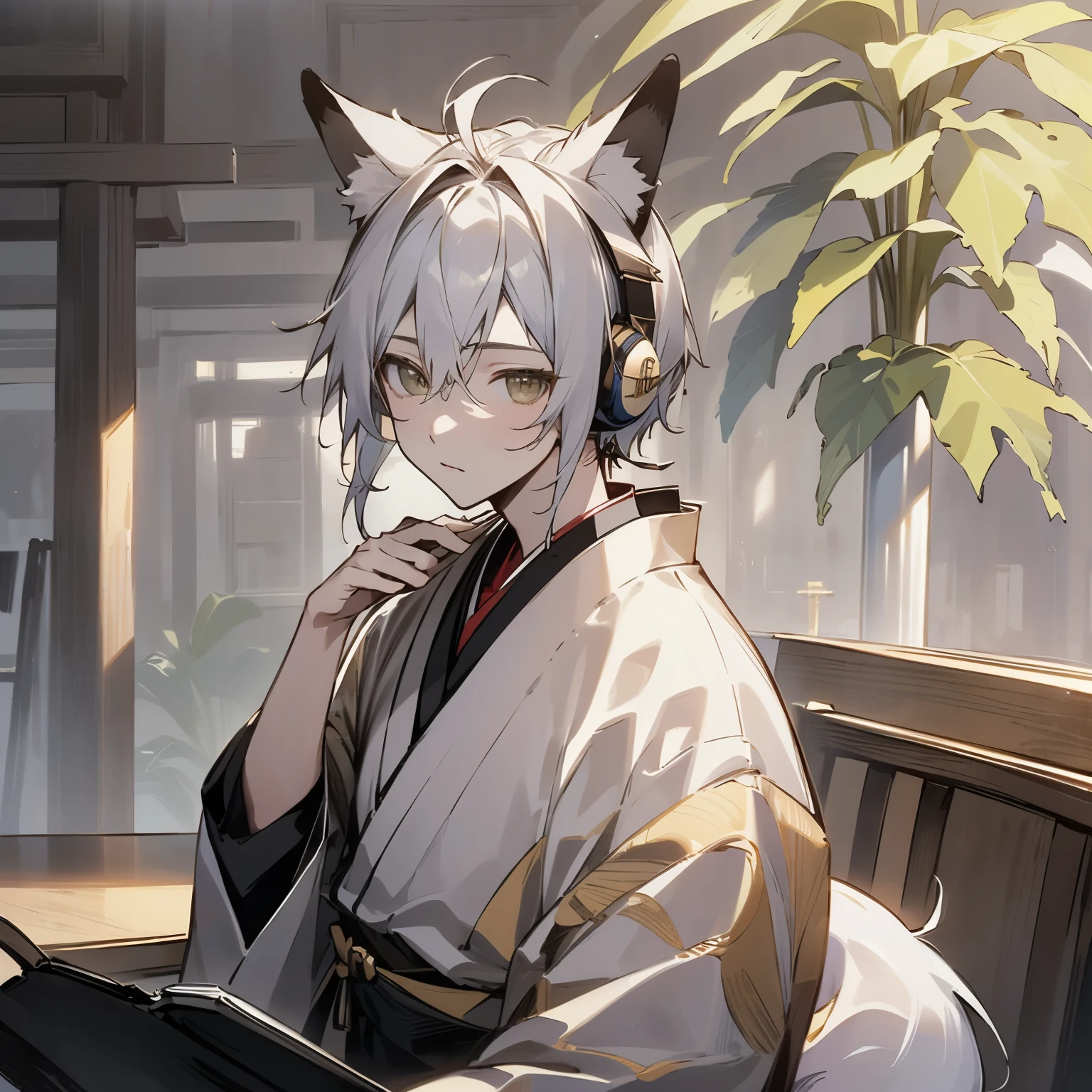 ((best quality)), ((masterpiece)), (detailed), perfect face boy、((best quality)), ((masterpiece)), (detailed), perfect face ((highest quality)), ((masterpiece)), (be familiar with),、morning、Studying in my room listening to the radio with headphones、kimono、Silver Hair、Fox's Tail、Fox Ears、Warm lighting、Reading a book、 Realistic person with headphones sitting at a table with a laptop, praise boy, praise artstyle, praise art, praise vibes, praise feel, praise hip hop, praise, Chill Hop, praise girl aesthetic, praise portrait, praise vibe, praise cores, Anime atmosphere, The aesthetics of the lofi