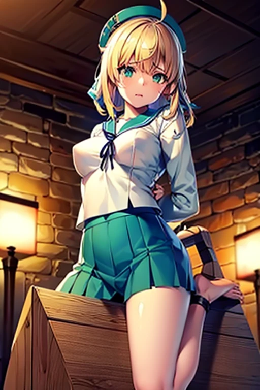 masutepiece, Best Quality, hight resolution, CC Saver, Blonde hair, Green eyes, Ahoge, (serafuku:1.3), frown,, 1girl in, wooden horse, Crotch rubbing, Thought-provoking liquids, Shibari,, masutepiece, Best Quality, Highly detailed、(Hands behind your back:1.5)、nffsw, Large breasts, female focus, Full body, Juice, Sweat, (Straddling a wooden horse:1.3)、is crying、(a sailor suit:1.3)、window, ,solo