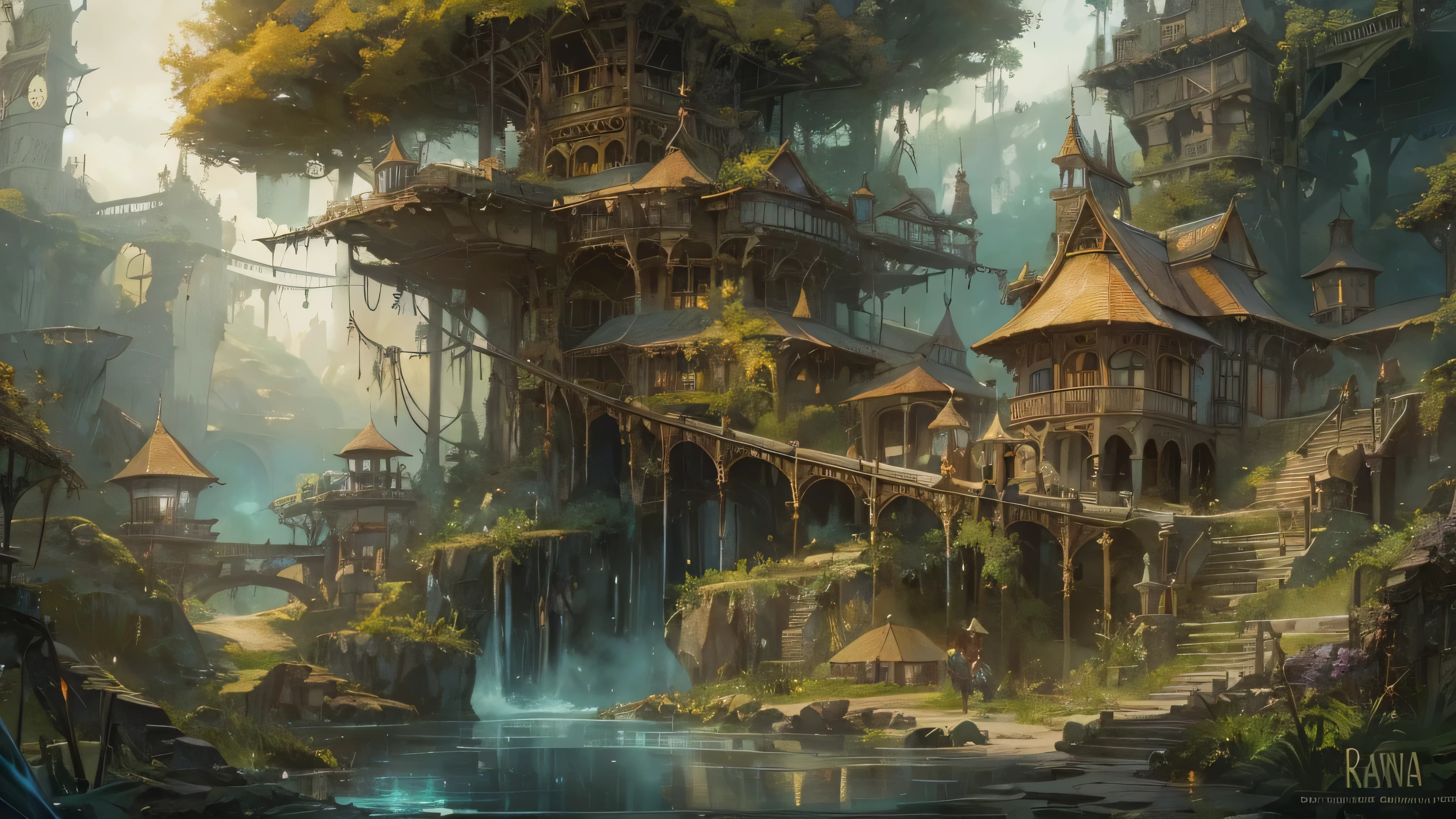 (by Greg Rutkowski: 1.2), (masterpiece), ((best quality)), extremely delicate and beautiful, illustration, (fantasy landscape), A mesmerizing fantasy with enchanting elements blending seamlessly. ((Fairy Kingdom Forest, Bustling magic town, magical village, from final fantasy x)), A sense of tranquility and wonder fills the air, inviting exploration and discovery. From Brian Froud and Carne Griffiths and Wadim Kashin and John William Waterhouse, 8K post-production, high resolution, hyperdetailed, depth of field, HDR, intricate