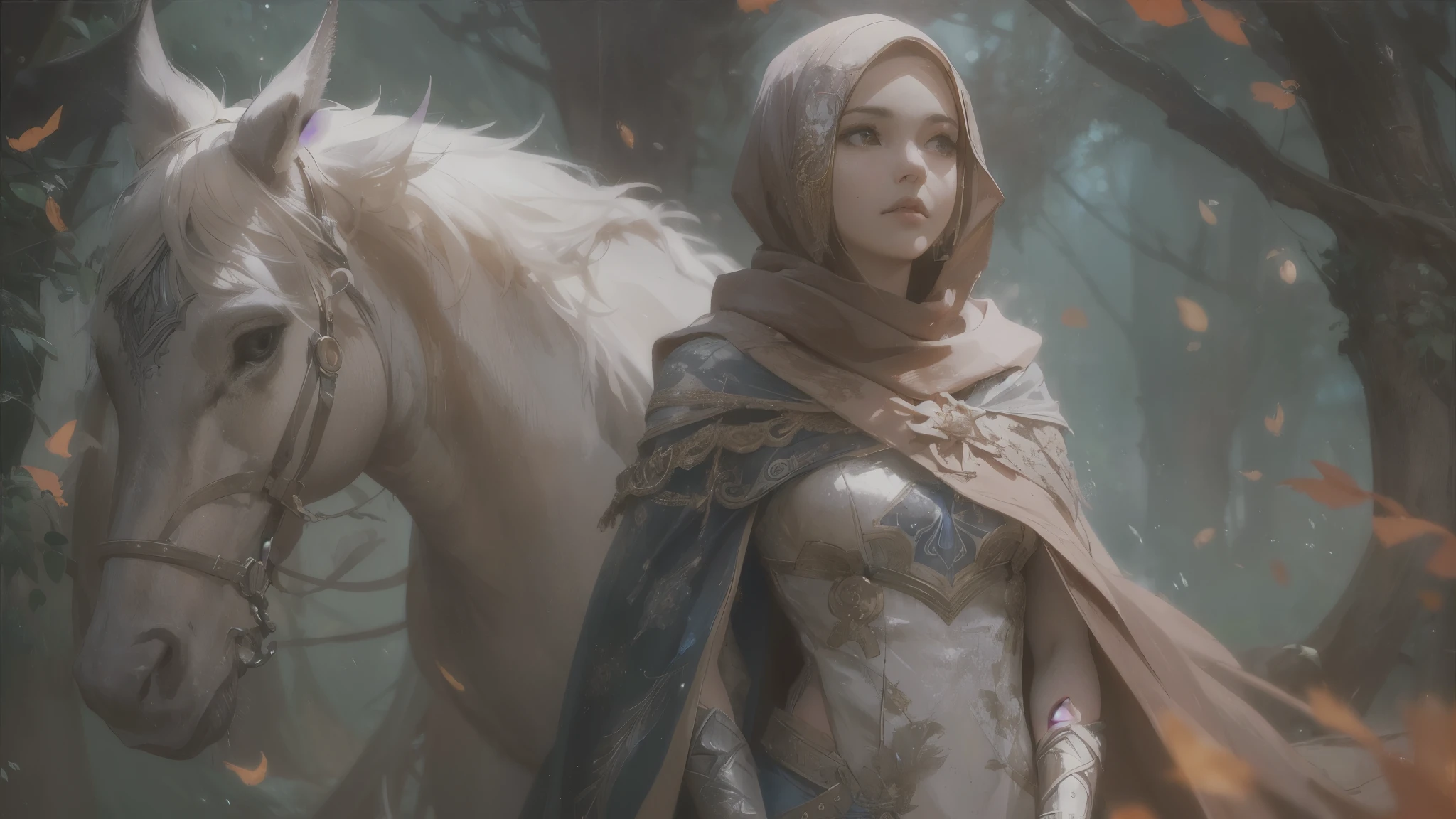 (by Greg Rutkowski: 1.2), (masterpiece), ((best quality)), extremely delicate and beautiful, illustration, (fantasy landscape), A mesmerizing fantasy with enchanting elements blending seamlessly. ((beautiful girl, wearing cape hijab, whole body covered by long dress with battle armor, perfect face, spotless face, full body shot, from final fantasy x)), A sense of tranquility and wonder fills the air, inviting exploration and discovery. From Brian Froud and Carne Griffiths and Wadim Kashin and John William Waterhouse, 8K post-production, high resolution, hyperdetailed, depth of field, HDR, intricate