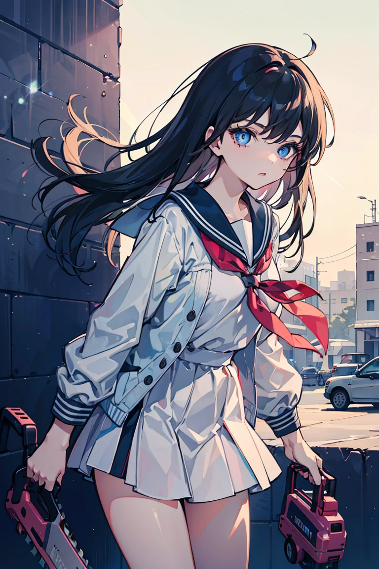 ((1 girl)), Cool woman,Rough poses, whole body, student, Sailor suit, ((have a chainsaw)), victory, Graffiti on the wall, Cowboy Shot,((Very detailed,highest quality, High resolution, 8k wallpaper, Beautiful new clothes,)),((Black Hair, Long Hair,Messy Hair)), Blowing in the Wind, eye shadow, eyeliner,Glow Eye, Detailed beauty new face, Reflected light beauty new eyes, ((Sparkling blue eyes)), 16-year-old girl