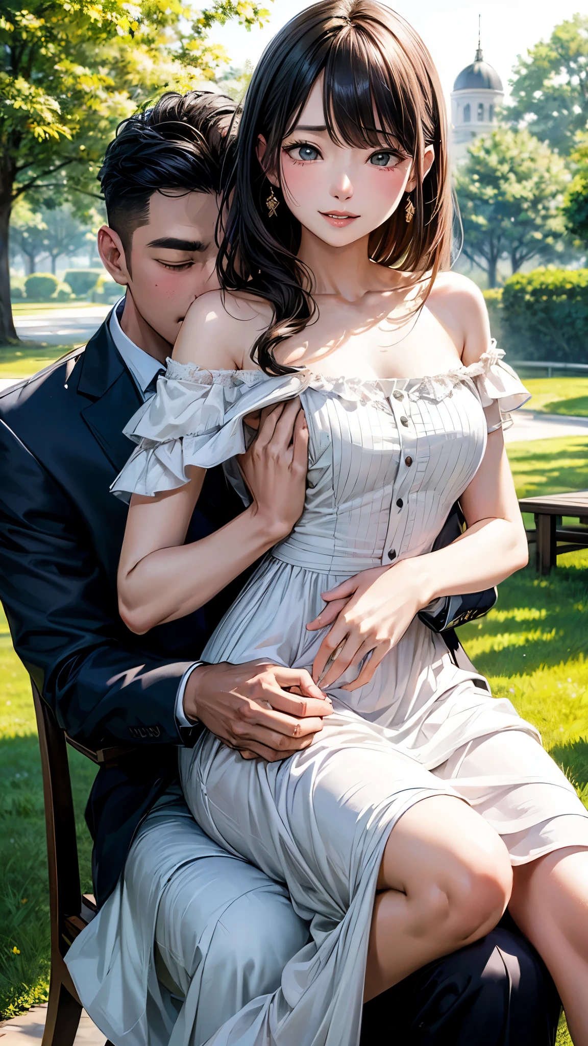 highest quality、4K quality、Man sitting on a chair in the park、Woman in off-the-shoulder dress riding on man、Man touches woman's chest、Man hugs woman、Sex