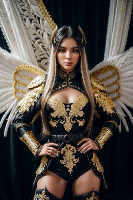 Best quality, 8K,woman, beautiful and detailed face, straight long hair,big eyelashes,(((black and gold embroided armour))) ,((big open angel´s WHITE wings)),armlets,black belt,(((HANDS ON HIPS))),high heels over the knee boots,white neutral scenario,DYNAMIC ANGLE