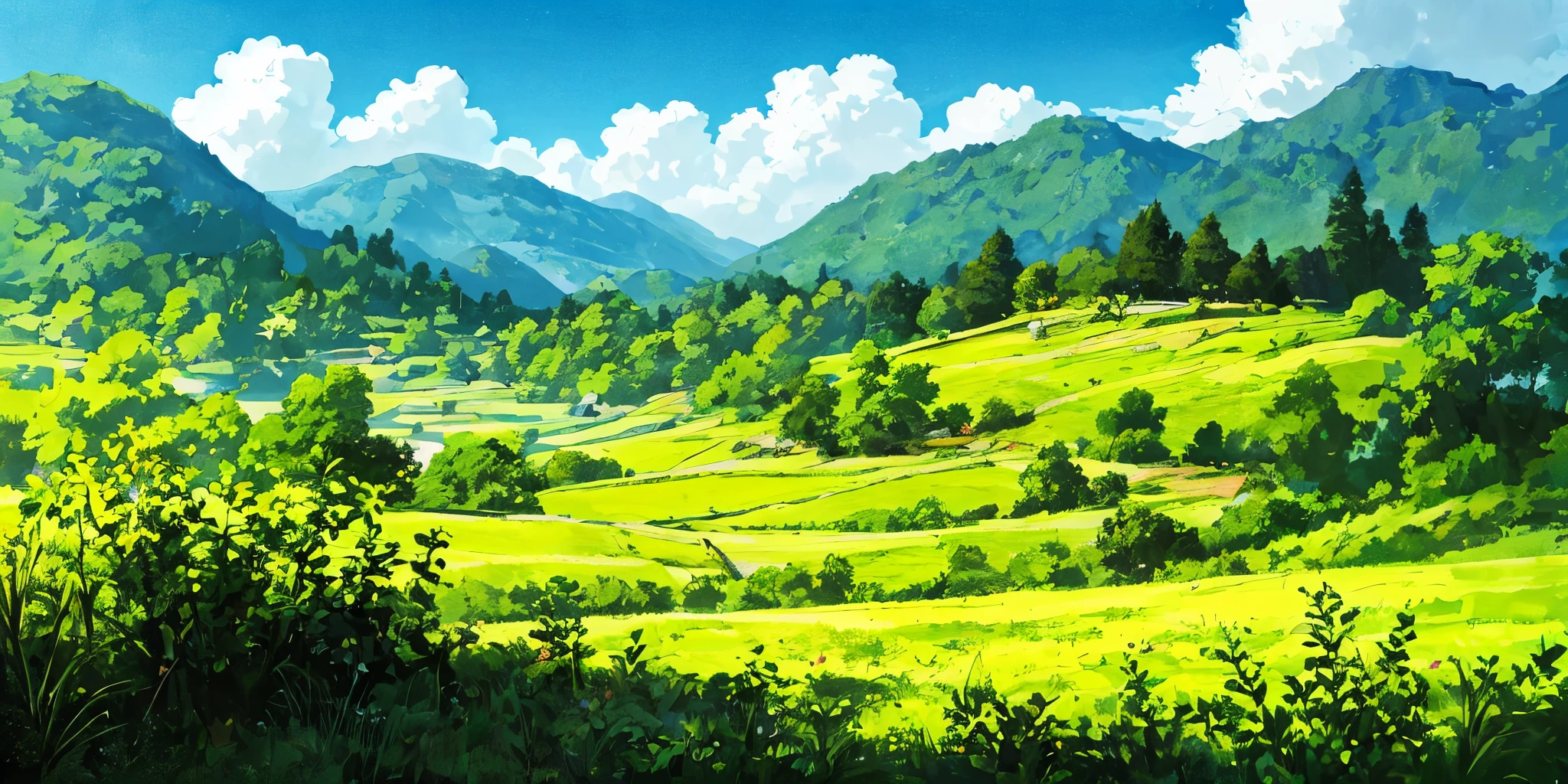 A painting of a rural landscape with a path leading to a farm, Anime countryside landscape, beautiful Anime Scenery, Anime Scenery, Anime scenery, Anime scenery wallpaper, Anime Background art, Beautiful anime scene, Anime Background, Beautiful peaceful scene in anime, Landscape painting, Anime Scenery concept art, Anime Nature, Anime Nature wallpap, Detailed Landscape — Width 672, Landscape Wallpaper