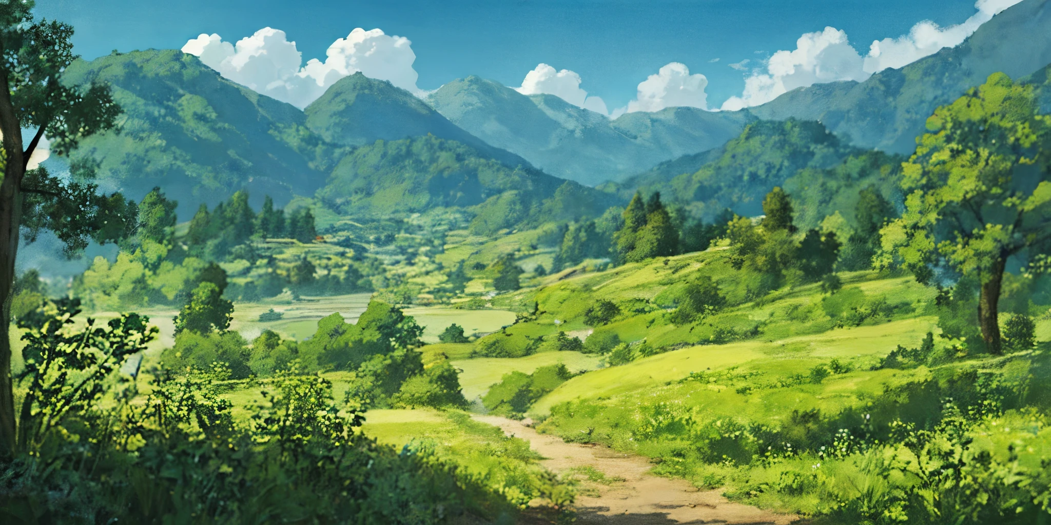 A painting of a rural landscape with a path leading to a farm, Anime countryside landscape, beautiful Anime Scenery, Anime Scenery, Anime scenery, Anime scenery wallpaper, Anime Background art, Beautiful anime scene, Anime Background, Beautiful peaceful scene in anime, Landscape painting, Anime Scenery concept art, Anime Nature, Anime Nature wallpap, Detailed Landscape — Width 672, Landscape Wallpaper