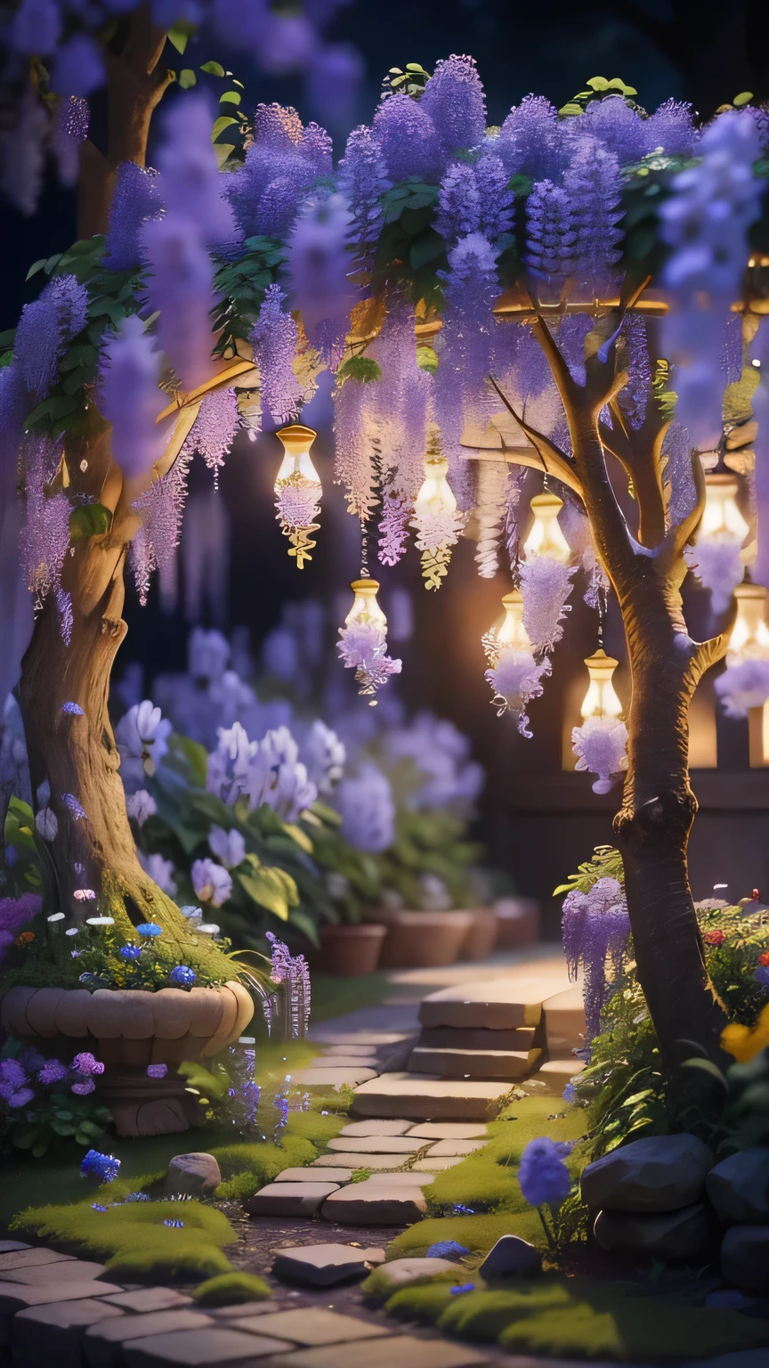 Magical garden miniature scene, Delicate wisteria flowers、A softly glowing wisteria tree、Illuminated by miniature happy smiles. 8K Auto Realist,