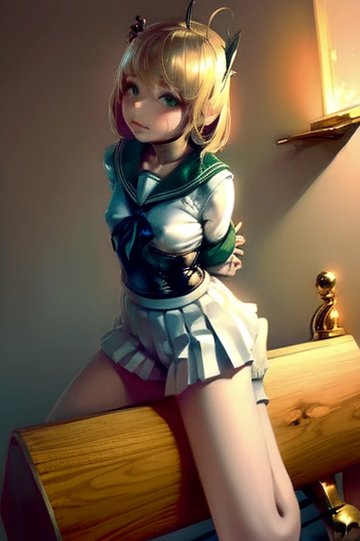 masutepiece, Best Quality, hight resolution, CC Saver, Blonde hair, Green eyes, Ahoge, (serafuku:1.3),  frown,, 1girl in, wooden horse, Crotch rubbing, Thought-provoking liquids, Shibari,, masutepiece, Best Quality, Highly detailed、(Hands behind your back:1.5)、nffsw, Large breasts,  female focus, Full body,  Juice, Sweat, (Straddling a wooden horse:1.3)、is crying、(a sailor suit:1.3)、window,  ,solo