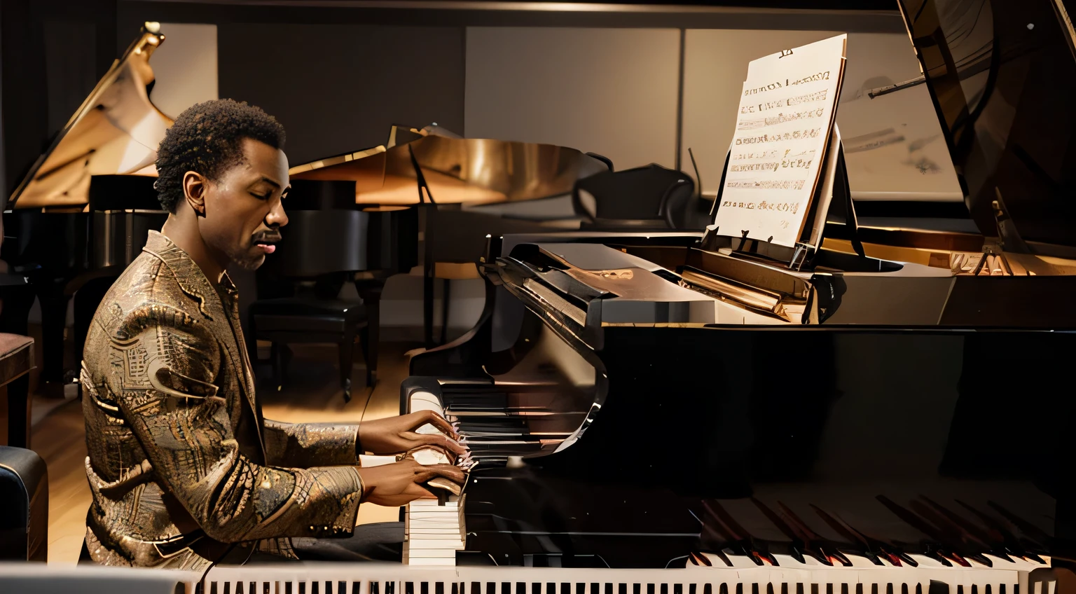 arafed image of a old black man playing a piano with Music notes, pianista, tocar piano, Energetic jazz piano portrait, Music being played, Music in the air, promo art, exquisite digital illustration, piano, masterful composition!!!, artistic illustration, Music, artistic rendering, obras de arte deslumbrantes, artistic!!! composition, pianos, Music poster, grand piano, bela obra de arte