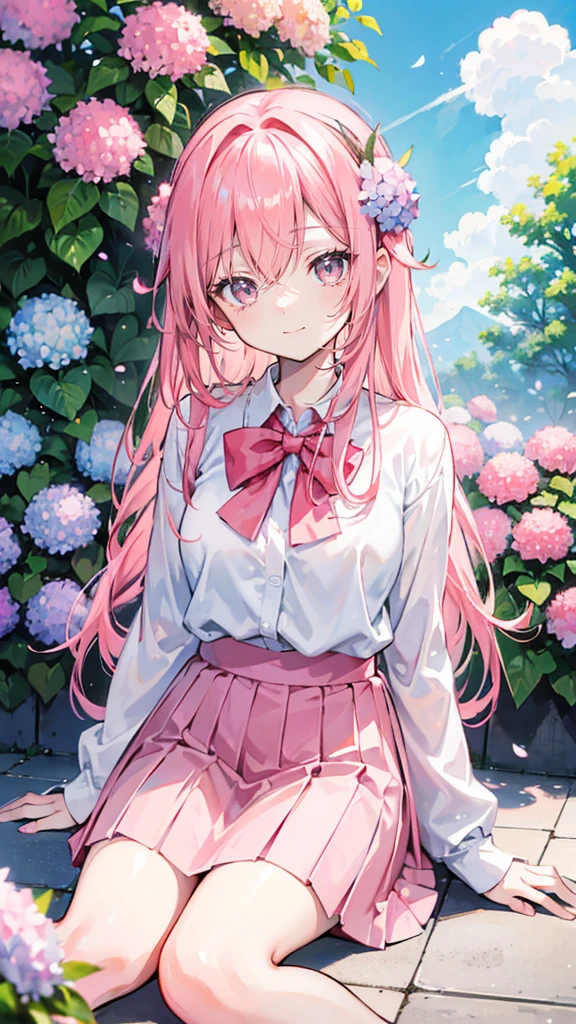 Coral pink hair，Long hair，hair over one eye，Gray eyes，feather hair ornament，cute，Girl，laughing expression，，Happy and happy expression，White shirt，skirt，Sit on the ground and play，whole body，Don't show your arms，Background is hydrangea，Lots of hydrangeas，Blue sky and white clouds