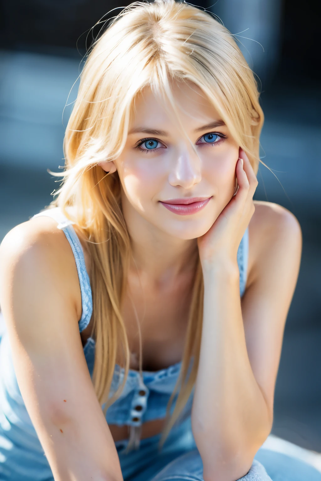 cute beautiful blond women, full body, perfect angle, very detailled, 23 years old, flirty face, long hair, blue eyes, best quality, intricate details, sharp focus, detailed skin, realistic skin texture, texture, professional, 4k, smile, shot on Canon, 85mm,  photography 