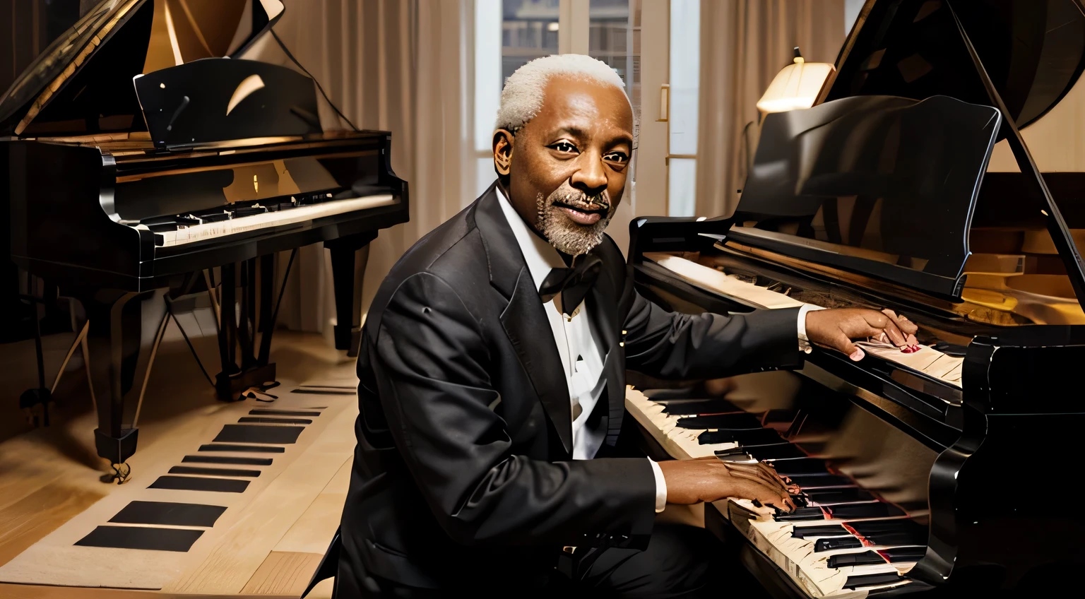arafed image of a old black man playing a piano with Music notes, pianista, tocar piano, Energetic jazz piano portrait, Music being played, Music in the air, promo art, exquisite digital illustration, piano, masterful composition!!!, artistic illustration, Music, artistic rendering, obras de arte deslumbrantes, artistic!!! composition, pianos, Music poster, grand piano, bela obra de arte