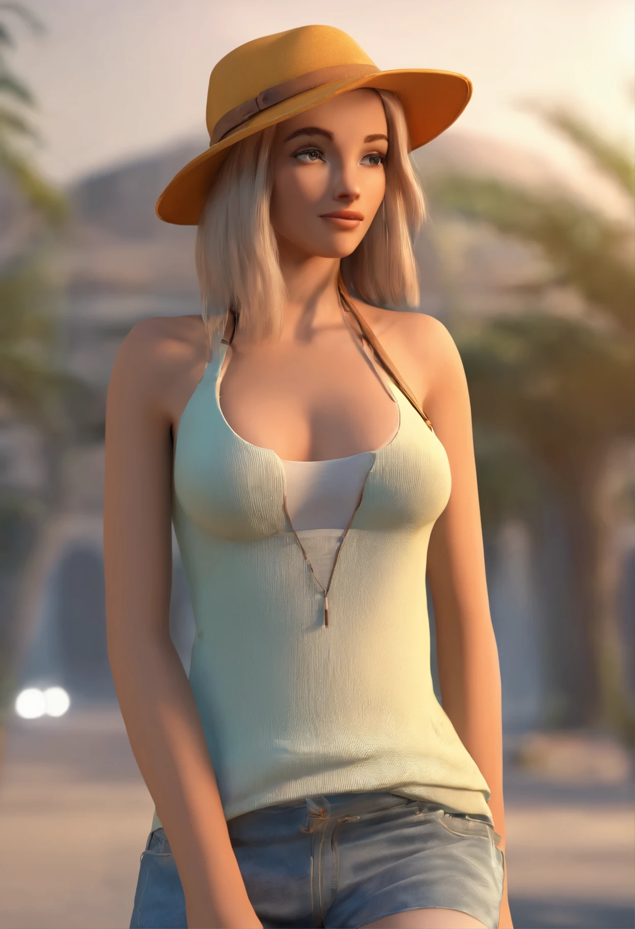 Junge Frau in einem Kleid sitzt auf einer Wiese, tiefer Ausschnitt, Zunge zwischen den Lippen, tan skin, laszive Pose, white blonde, verschwommene Natur im Hintergrund