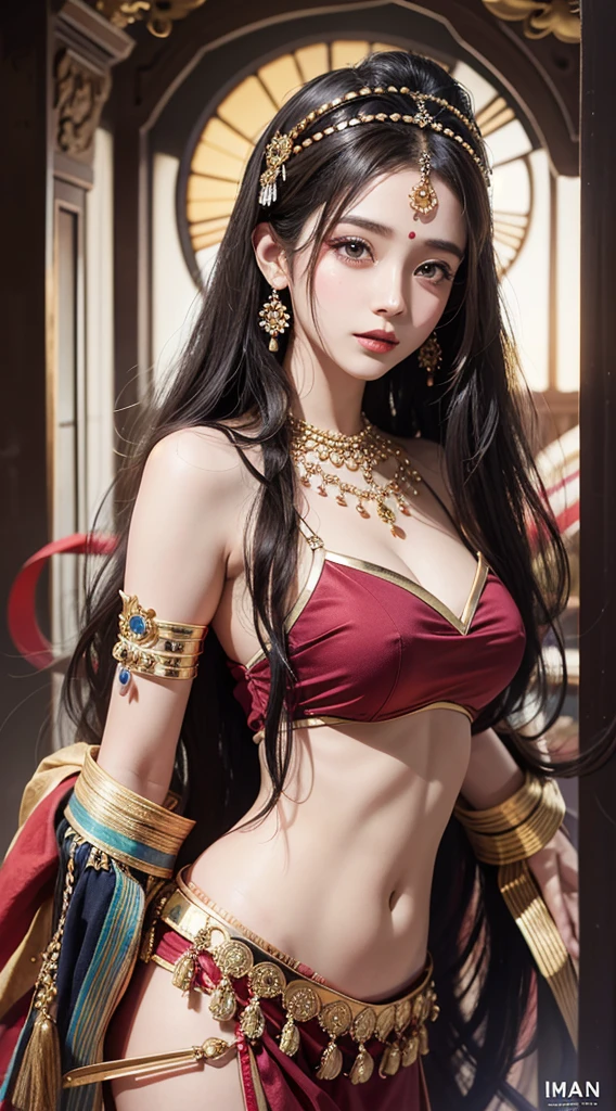 Une femme en sari posant pour une photo, Indian, traditional beauty, Indien, beautiful girl, red Ornate Cosplay, en tailleur, Super mannequin indien, Belle jeune fille, femme magnifique, Asie du Sud-Est avec Long, Indien provocateur, magnifique belle femme, Tenue complexe, Hindu aesthetics, belle fille asiatique, Extremely detailed shot of the girl, jaw dropping beauty, Big breasts deep neckline sexy navel