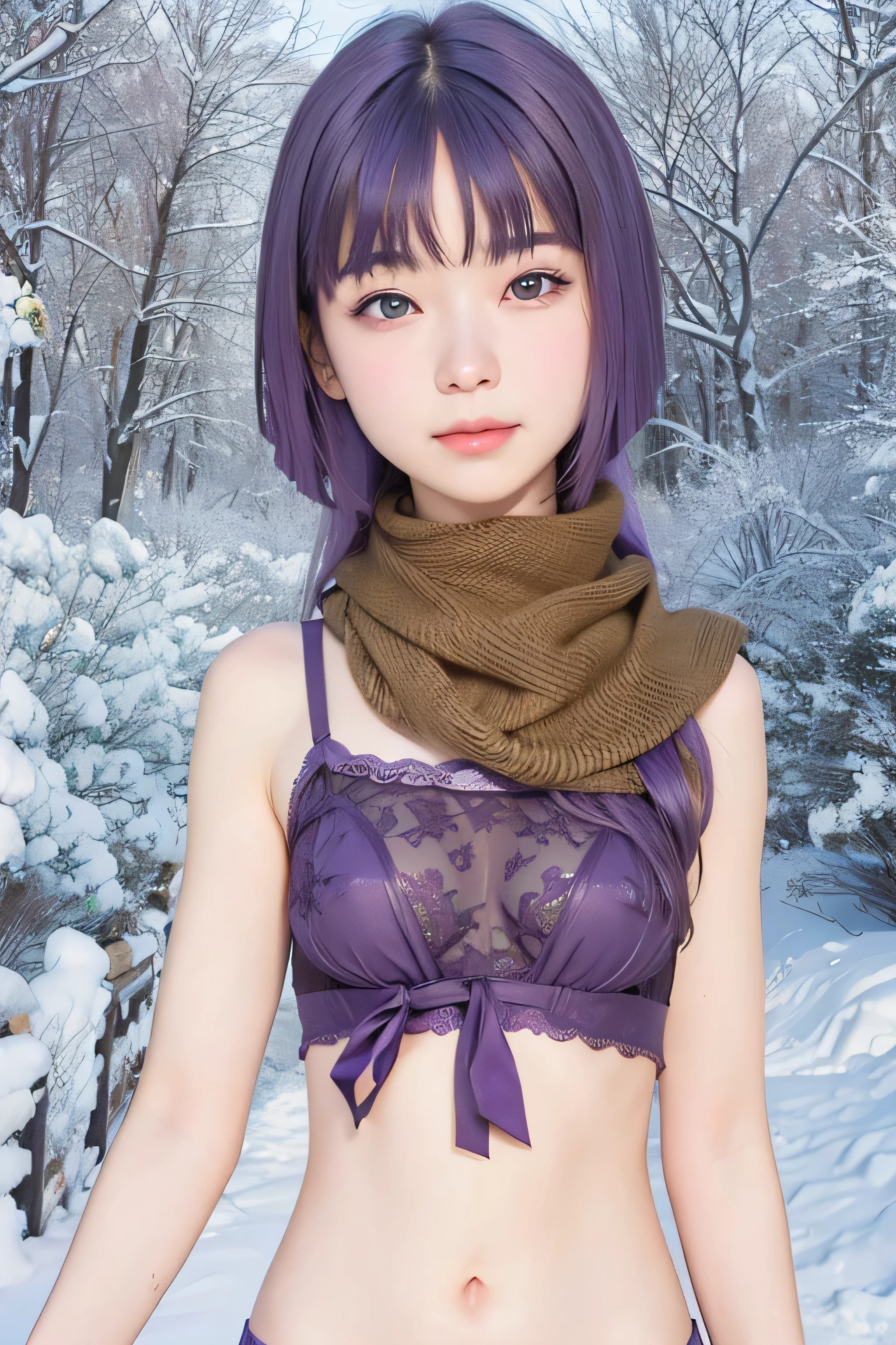 masterpiece, best quality, (realistic,photo-realistic:1.4), (RAW photo:1.2), extremely detailed CG unity 8k wallpaper, delicate and beautiful, amazing,finely detail, official art, absurdres, incredibly absurdres, huge filesize, ultra-detailed,extremely detailed eyes and face,light on face,sumire kakei,(little smile),(purple hair:1.4),(long hair:1.6),(wearing purple underwear :1.4),garden,city background,(tactical brown scarf)