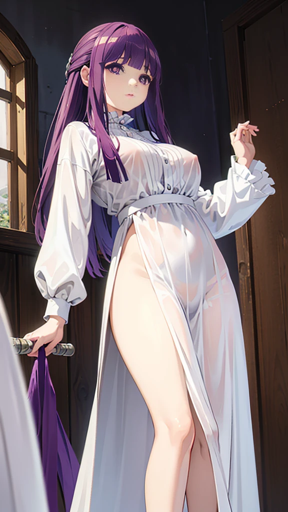 Super detailed, (NSFW), masterpiece, High resolution, Photorealistic digital art, perfect lighting, (((1 girl, perfect anatomy))), accurate right hand, accurate left hand, five fingers, perfect style, Fern, Kind Face, big purple eyes, Detailed and beautiful eyes, glossy lips, purple hair, shiny skin, shy smile, Pure white long sleeve blouse, pure white long skirt, very long skirt, Not wearing underwear, Stand with your legs slightly apart, Shooting up close, front, ((Focus on the groin)), Fantasy art,