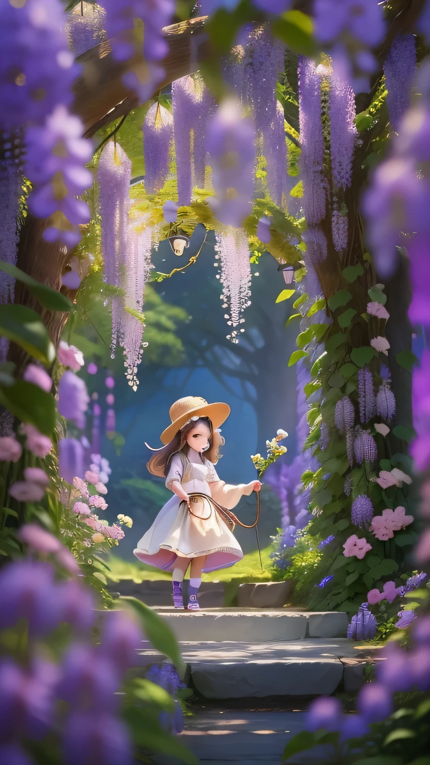 Magical garden miniature scene, Delicate wisteria flowers、A softly glowing wisteria tree、Illuminated by miniature happy smiles. 8K Auto Realist,