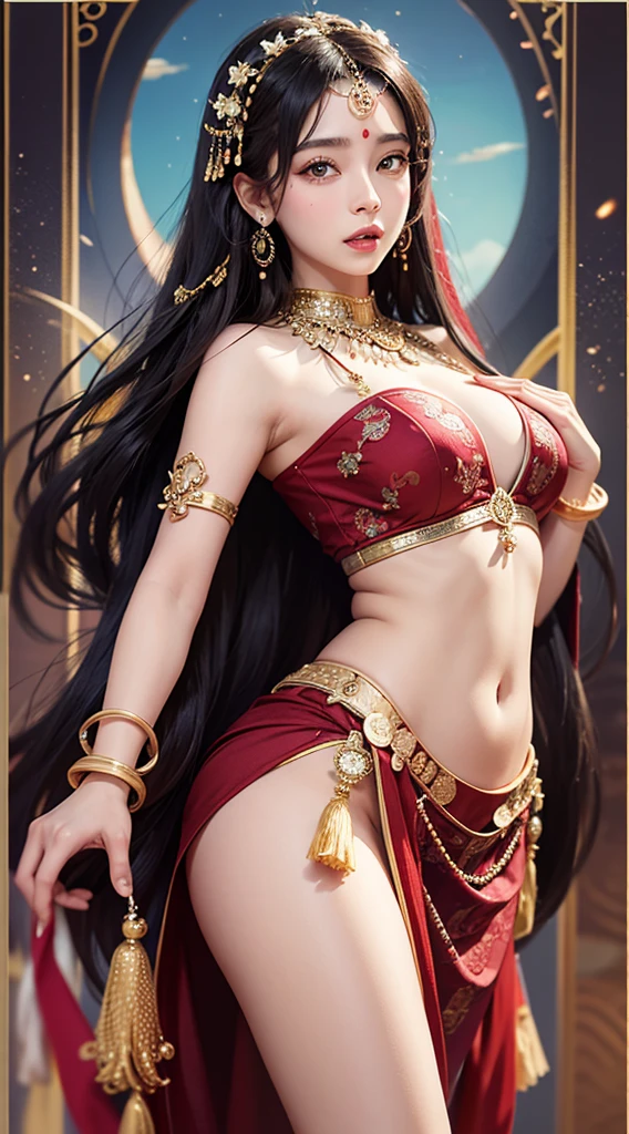 Une femme en sari posant pour une photo, Indian, traditional beauty, Indien, beautiful girl, red Ornate Cosplay, en tailleur, Super mannequin indien, Belle jeune fille, femme magnifique, Asie du Sud-Est avec Long, Indien provocateur, magnifique belle femme, Tenue complexe, Hindu aesthetics, belle fille asiatique, Extremely detailed shot of the girl, jaw dropping beauty, Big breasts deep neckline sexy navel