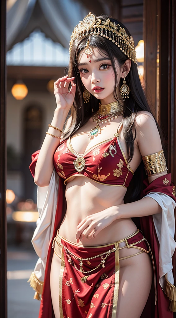 Une femme en sari posant pour une photo, Indian, traditional beauty, Indien, beautiful girl, red Ornate Cosplay, en tailleur, Super mannequin indien, Belle jeune fille, femme magnifique, Asie du Sud-Est avec Long, Indien provocateur, magnifique belle femme, Tenue complexe, Hindu aesthetics, belle fille asiatique, Extremely detailed shot of the girl, jaw dropping beauty, Big breasts deep neckline sexy navel