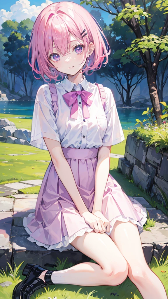 Pink hair,Purple Eyes,short hair,sister head,Black hairpin,Girl,cute,Laughing happy expression,White shirt,skirt,Sit on the ground and play,whole body,Don't show your arms,Background is creeper,A lot of creepers】、,Blue sky and white clouds