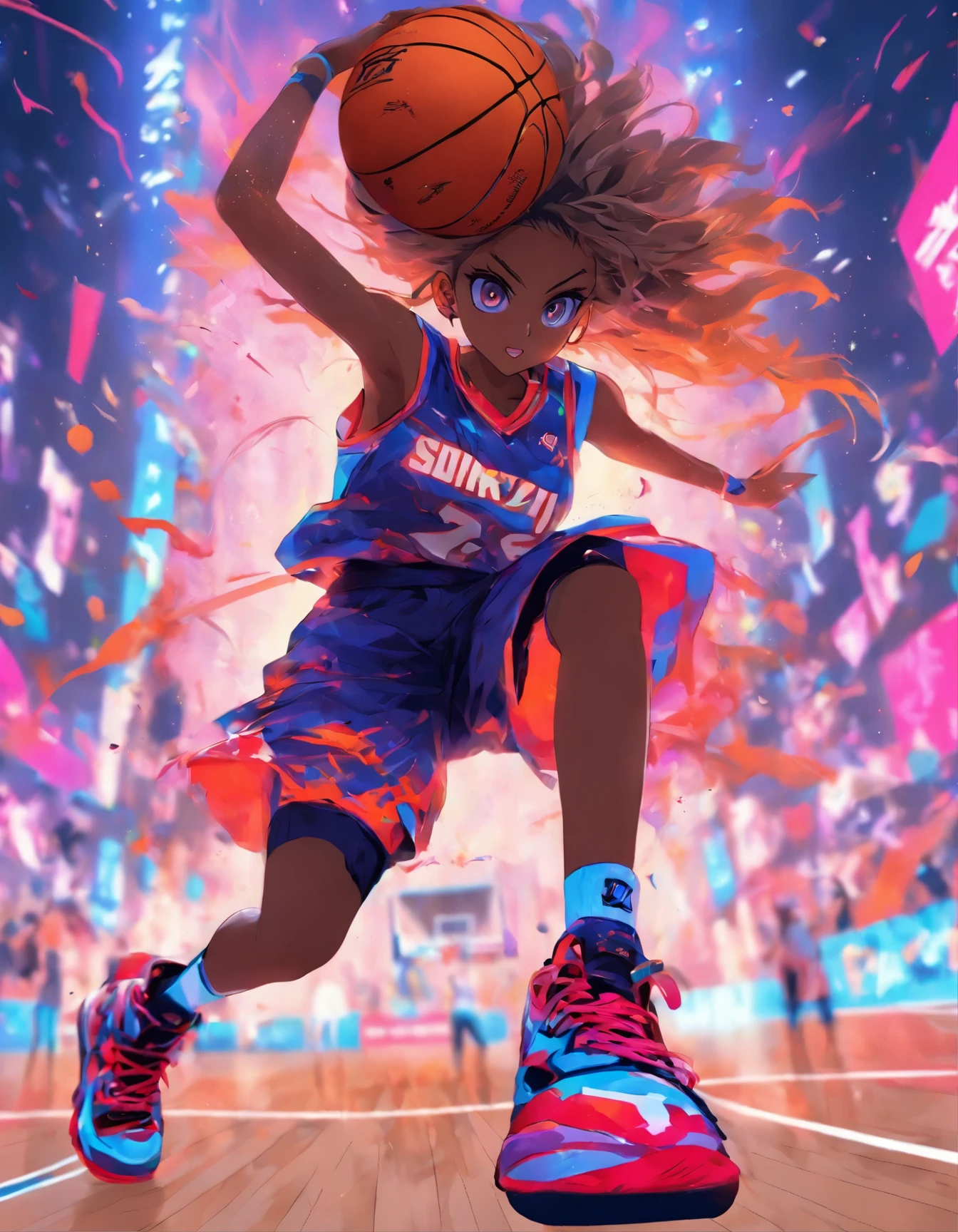 (((masterpiece))), (best quality), (ultra detail), (very_high_resolution), (large_filesize), (full color), One Girl, Street Style Outfits, ((Street Basketball)), paint, Oversized clothing, Bash, Shorts, ((have a basketball)), Big Eyes, Sharp Eye, Basketball court