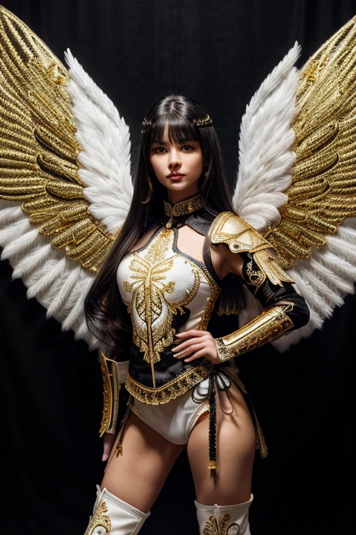 Best quality, 8K,woman, beautiful and detailed face, straight long hair,big eyelashes,(((black and gold embroided space armour))),((big open angel´s WHITE wings)),armlets,black belt,(((HANDS ON HIPS))),high heels over the knee boots,white neutral scenario,DYNAMIC ANGLE, ((dynamic pose))