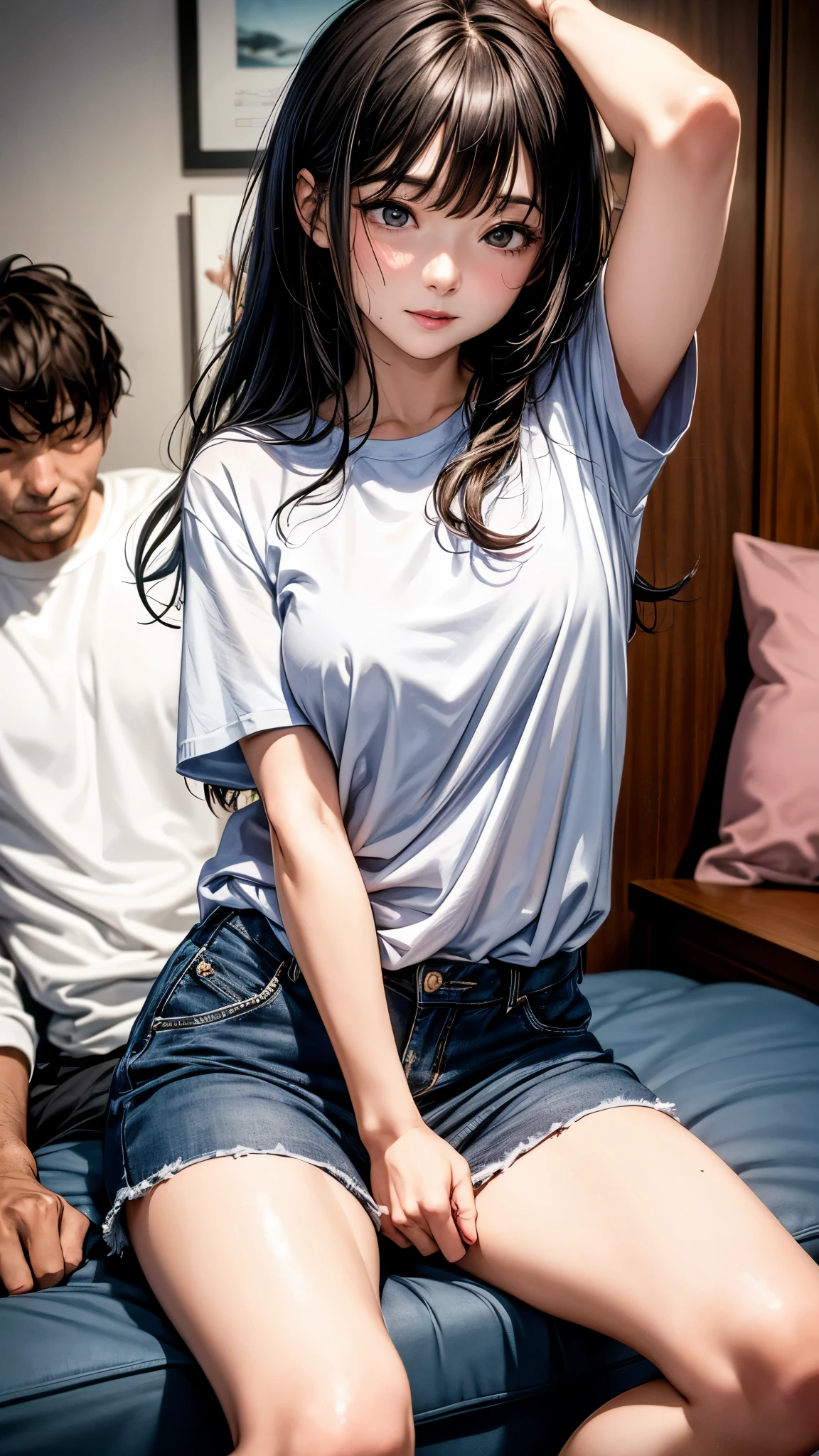 highest quality、4K quality、man sleeping in bed、Woman in casual clothes riding on man、a man puts his hand inside a woman's clothean and woman embrace、sexual intercourse、The woman is slender、woman takes off her clothes