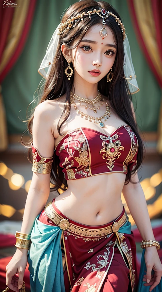 Une femme en sari posant pour une photo, Indian, traditional beauty, Indien, beautiful girl, red Ornate Cosplay, en tailleur, Super mannequin indien, Belle jeune fille, femme magnifique, Asie du Sud-Est avec Long, Indien provocateur, magnifique belle femme, Tenue complexe, Hindu aesthetics, belle fille asiatique, Extremely detailed shot of the girl, jaw dropping beauty, Big breasts deep neckline sexy navel