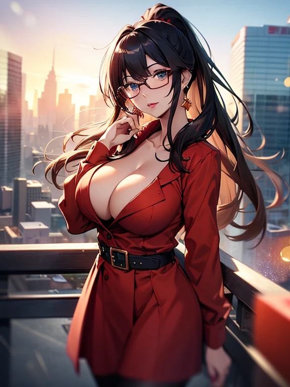 RedLongDress_Dragonaut_kitajima_yuuri_ownwaifu,
1girl, ponytail, sidelocks, rimless eyewear, long hair, very long hair, black hair, blue eyes, glasses, lips, mature female, pale skin, breasts, large breasts, lipstick, makeup, earrings, jewelry, rimless eyewear,
cleavage, collarbone, dress, pantyhose, long sleeves, belt, suit, shirt, formal, red dress,
((masterpiece)),((best quality)),(highres, absurdres), original, official_art, chromatic_aberration, light_particles, bokeh, depth_of_field, cityscape, sky, sunset, outdoors, day, looking at viewer, solo, cowboy shot,