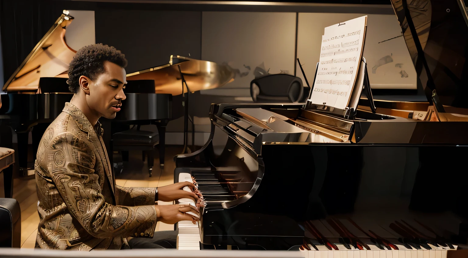 arafed image of a old black man playing a piano with Music notes, pianista, tocar piano, Energetic jazz piano portrait, Music being played, Music in the air, promo art, exquisite digital illustration, piano, masterful composition!!!, artistic illustration, Music, artistic rendering, obras de arte deslumbrantes, artistic!!! composition, pianos, Music poster, grand piano, bela obra de arte