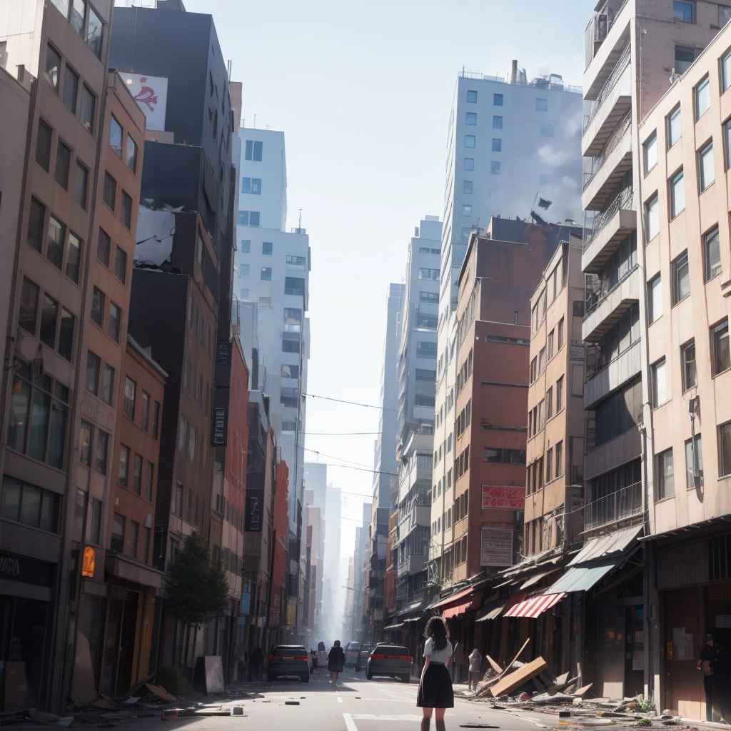 18 jear old black Girl sit in destroyed city turned into a giant taller than buildings with belly