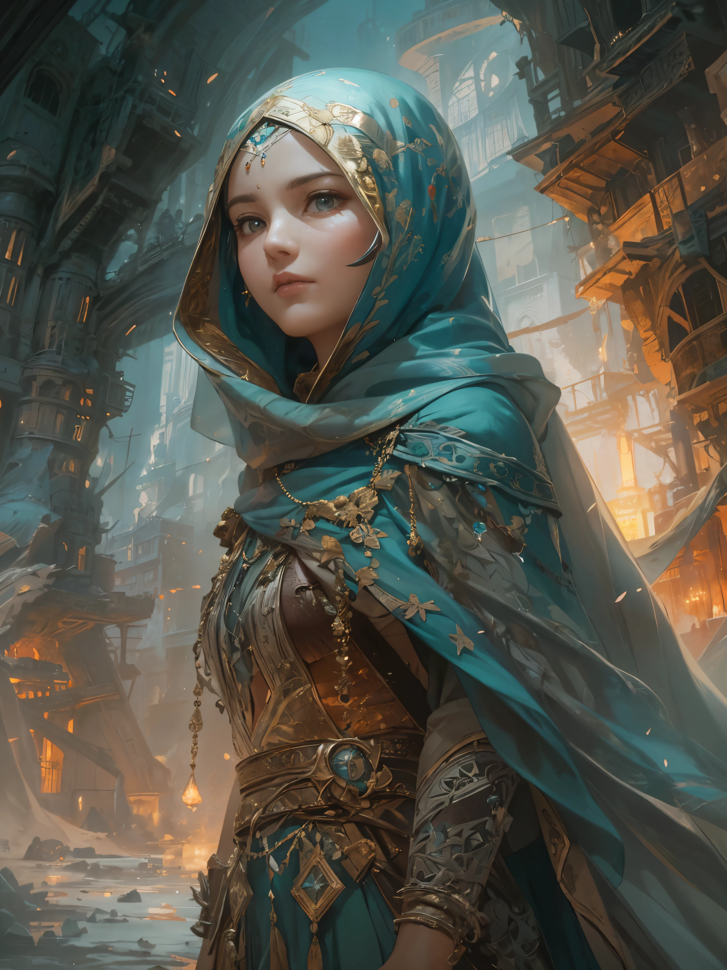 (by Greg Rutkowski: 1.2), (masterpiece), ((best quality)), extremely delicate and beautiful, illustration, (fantasy landscape), vibrant color. A mesmerizing fantasy with enchanting elements blending seamlessly. ((beautiful girl, wearing cape hijab, whole body covered by long dress with battle armor, perfect face, spotless face, full body shot, from final fantasy x)), A sense of tranquility and wonder fills the air, inviting exploration and discovery. From Brian Froud and Carne Griffiths and Wadim Kashin and John William Waterhouse, 8K post-production, high resolution, hyperdetailed, depth of field, HDR, intricate