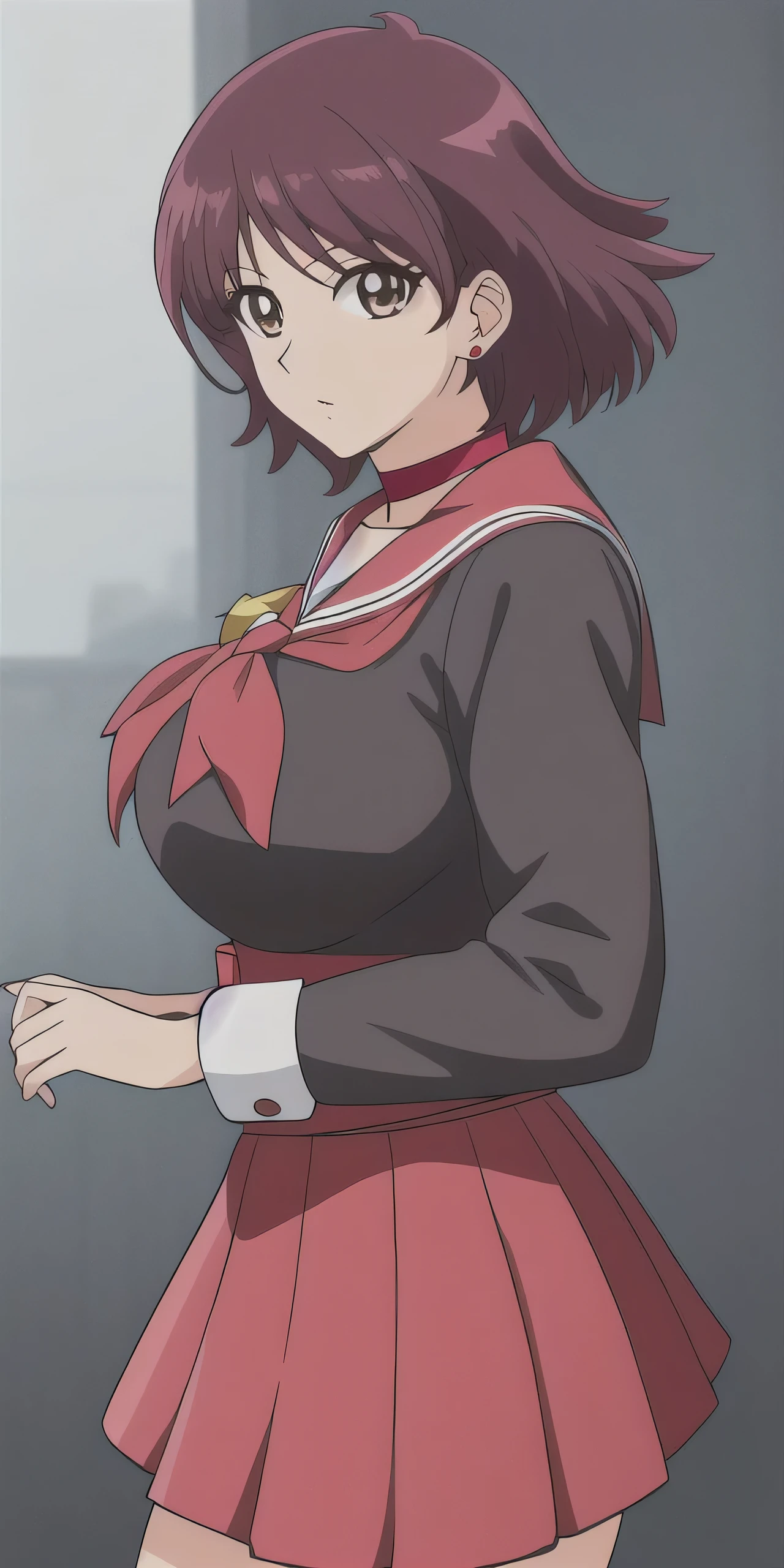 Sixteen Nights Aki、Big Breasts、A woman with very large breasts、Are standing、Anime Women、solo、Short Hair、Red Hair、Brown eyes、School_uniform_red_neckerchief_Ash_shirt_black_Sailor_collar_black_skirt_Long sleeve_Sailor clotheasterpiece、Highest_quality、detailed_face、detailed_eye、High resolution、beautiful、detailed、Disorganized