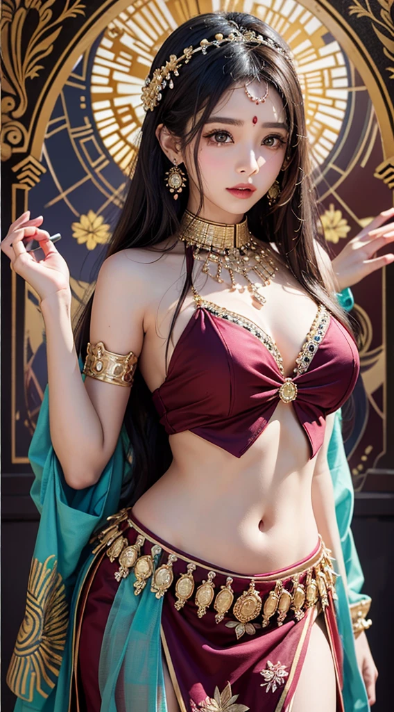 Une femme en sari posant pour une photo, Indian, traditional beauty, Indien, beautiful girl, red Ornate Cosplay, en tailleur, Super mannequin indien, Belle jeune fille, femme magnifique, Asie du Sud-Est avec Long, Indien provocateur, magnifique belle femme, Tenue complexe, Hindu aesthetics, belle fille asiatique, Extremely detailed shot of the girl, jaw dropping beauty, Big breasts deep neckline sexy navel