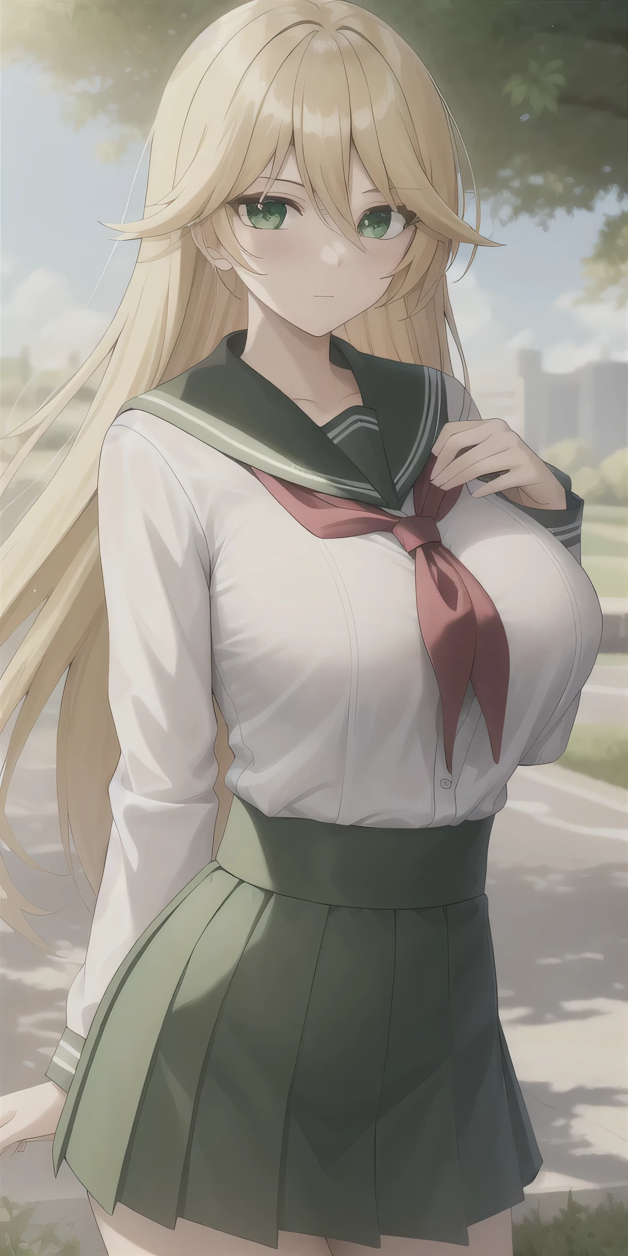 Shelley LeBlanc、Big Breasts、A woman with very large breasts、Are standing、Anime Women、solo、Long Hair、Blonde、Green Eyes、School_uniform_white_shirt_green_Sailor_collar_red_neckerchief_green_skirt_Long sleeve、masterpiece、Highest_quality、detailed_face、detailed_eye、High resolution、beautiful、detailed、Absurd、