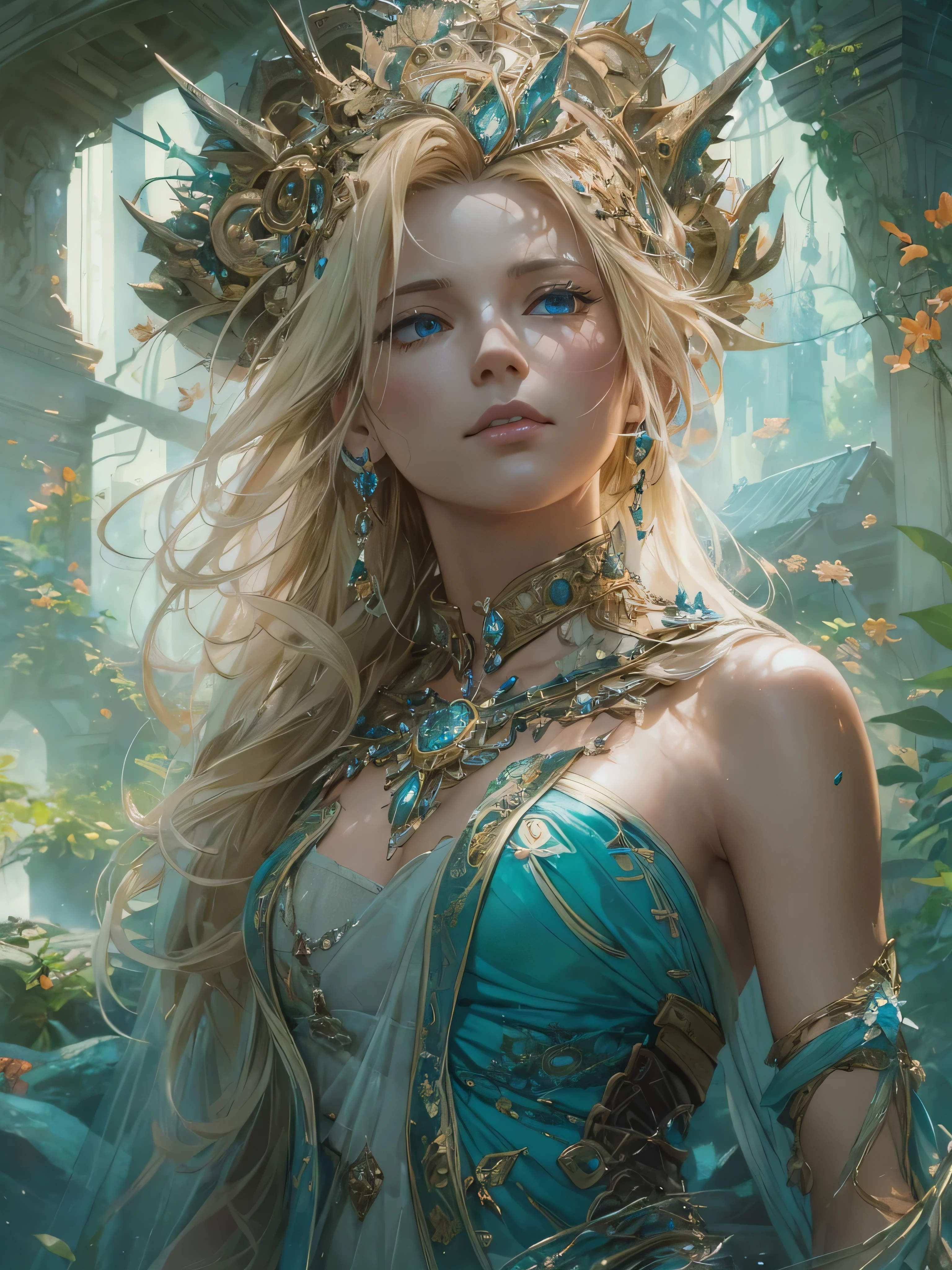 (by Greg Rutkowski: 1.2), (masterpiece), ((best quality)), extremely delicate and beautiful, illustration, (fantasy landscape), A mesmerizing fantasy with enchanting elements blending seamlessly. ((Beautiful bust of a royal lady, Sophisticated blonde hairstyle, blue eyes, Embellished with a dazzling array of intricate jewels, full body shot, from final fantasy x)), A sense of tranquility and wonder fills the air, inviting exploration and discovery. From Brian Froud and Carne Griffiths and Wadim Kashin and John William Waterhouse, 8K post-production, high resolution, hyperdetailed, depth of field, HDR, intricate