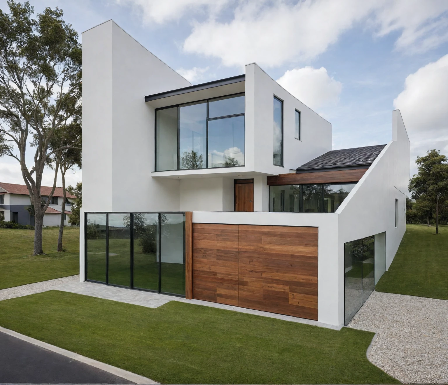 exterior house, contemporary style, white wall, wood wall, wood door, glass window, (realistic:1.2), Masterpiece, high quality, best quality, authentic, super detail, outdoors,road,pavement, grass, trees, sky, cloud, (daylight:1.1)
