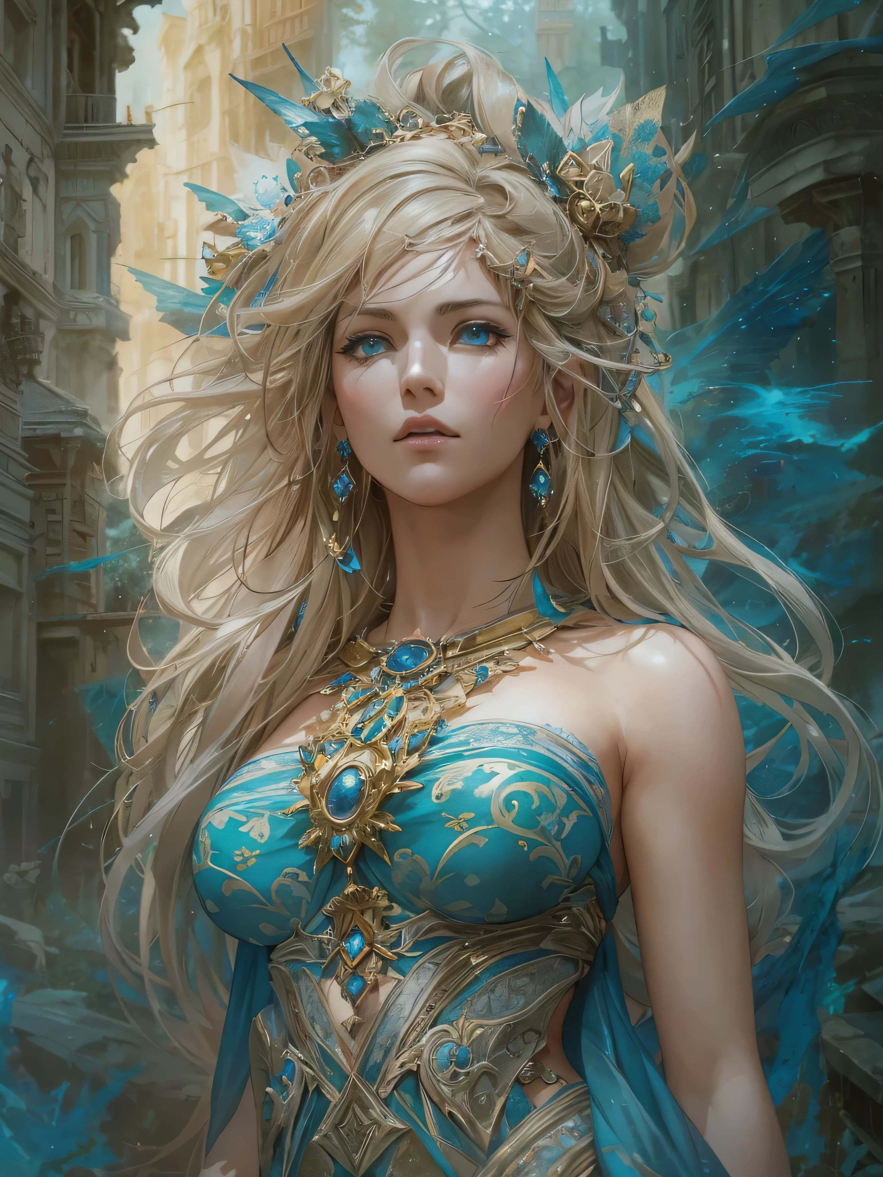 (by Greg Rutkowski: 1.2), (masterpiece), ((best quality)), extremely delicate and beautiful, illustration, (fantasy landscape), A mesmerizing fantasy with enchanting elements blending seamlessly. ((Beautiful bust of a royal lady, Sophisticated blonde hairstyle, blue eyes, Embellished with a dazzling array of intricate jewels, full body shot, from final fantasy x)), A sense of tranquility and wonder fills the air, inviting exploration and discovery. From Brian Froud and Carne Griffiths and Wadim Kashin and John William Waterhouse, 8K post-production, high resolution, hyperdetailed, depth of field, HDR, intricate