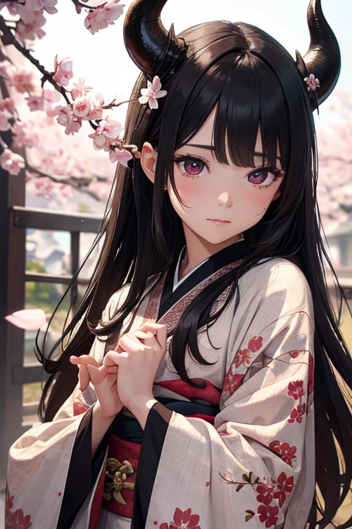 masterpiece, highest quality, Very detailed, Intricate details, High resolution, Beautifully detailed face and eyes, High resolutionのイラスト, 8k, Depth of written boundary, alone, One man,30-year-old male、Black Hair、Sharp but sad eyes、Horns growing、Red eyes、kimono,Background is cherry blossoms,Petals are dancing,View your viewers