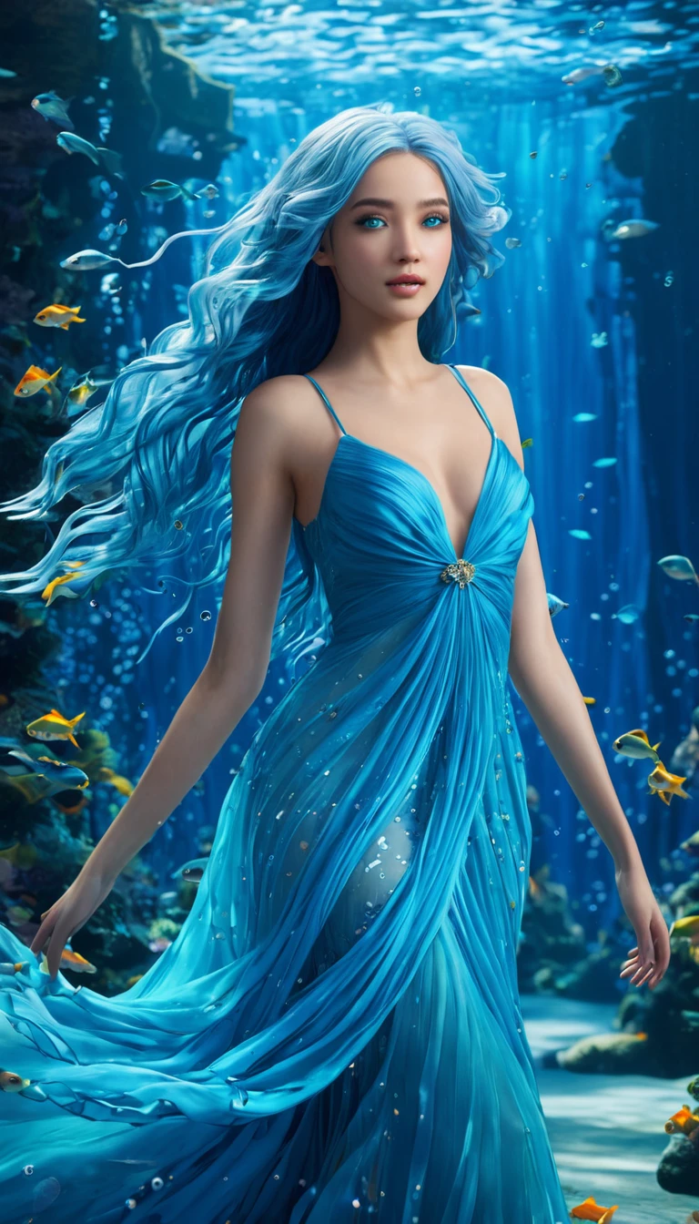 A character with long, flowing blue hair cascading around them, their eyes a matching shade of blue, dressed in a watery gown that seems to be made of liquid itself. They reside in an underwater world teeming with colorful fish, creating a mesmerizing backdrop. It's a stylish, cute, and visually striking scene, perfect for a highly detailed, ultra-high-definition realistic with digital cel realism. Hyper realistic 12K HD 