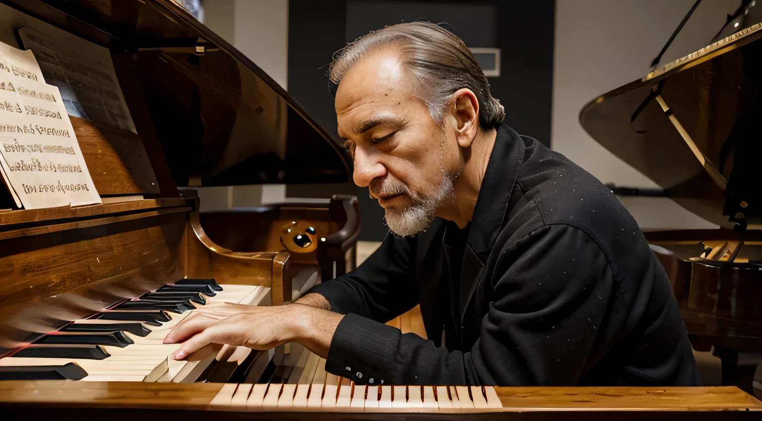 arafed image of a old man playing a piano with Music notes, pianista, tocar piano, Energetic jazz piano portrait, Music being played, Music in the air, promo art, exquisite digital illustration, piano, masterful composition!!!, artistic illustration, Music, artistic rendering, obras de arte deslumbrantes, artistic!!! composition, pianos, Music poster, grand piano, bela obra de arte
