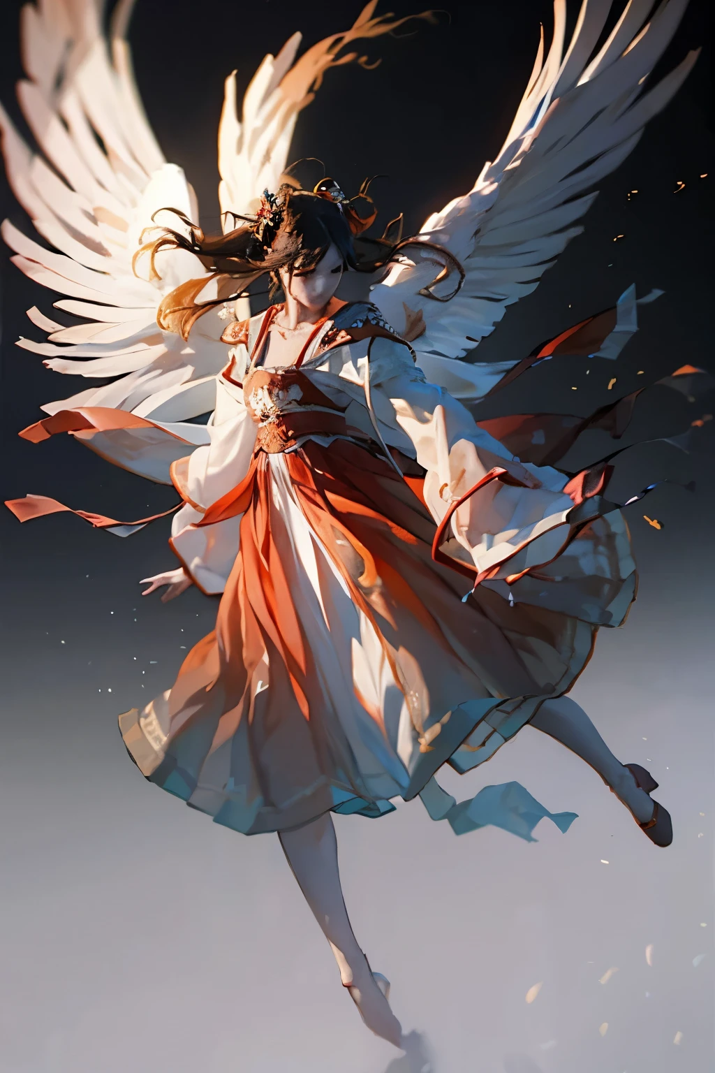 masterpiece, best quality, Super detailed, CG illustration, high resolution, Better lighting, The best shadow, Extremely refined, Proper shade, HD, 8k, Ray Tracing, Ultra-detailed and clear background, Perfect lighting, anime style, Inspired by games《Magic King of Fighters》: Ruby House (Tengu, Winged Mountain God, Provocation, Red and White), strength, Samurai Punk, Solitary, 1 female, Black Hair, Red Eyes, aldult, Belt tassels,